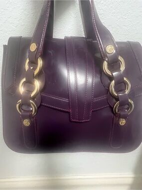 Anne Klein Plum Genuine Leather Satchel with Gold Chain-Link Handles (Bin 2-73)